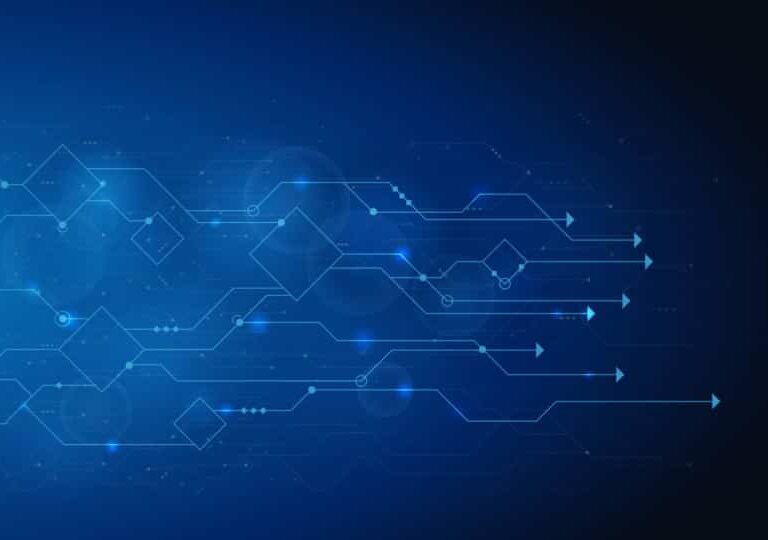 Abstract blue technology background with interconnected lines, circuit-like paths, geometric shapes, and arrows pointing to the right, symbolizing digital data flow and futuristic innovation.