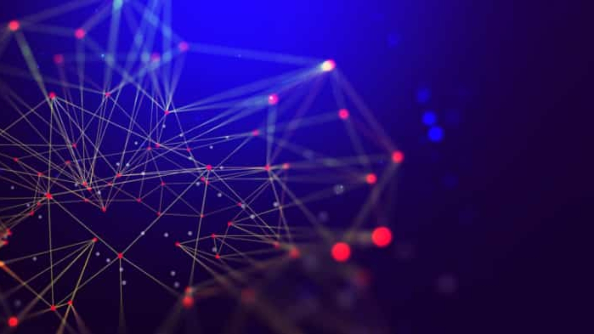 A digital abstract image showing interconnected glowing lines and dots in yellow and red on a dark blue background, resembling a network or neural connections.