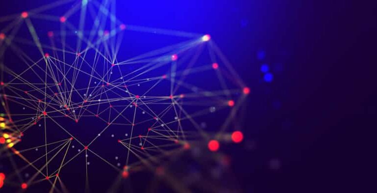 A digital abstract image showing interconnected glowing lines and dots in yellow and red on a dark blue background, resembling a network or neural connections.