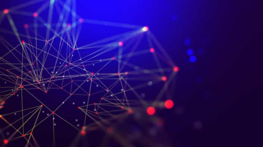 A digital abstract image showing interconnected glowing lines and dots in yellow and red on a dark blue background, resembling a network or neural connections.