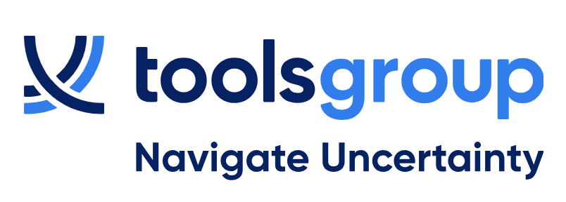 Logo for ToolsGroup featuring a curved line symbol and the tagline Navigate Uncertainty in blue text, representing their expertise in inventory optimization consulting.