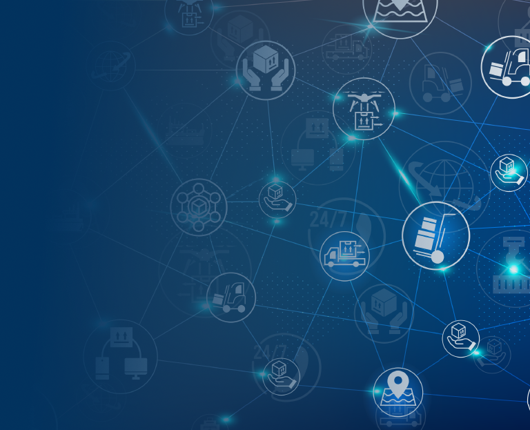 Abstract digital graphic with interconnected network icons on a blue background; icons represent shipping, logistics, artificial intelligence for supply chain, communication, and customer support, with a large ship icon prominently featured.