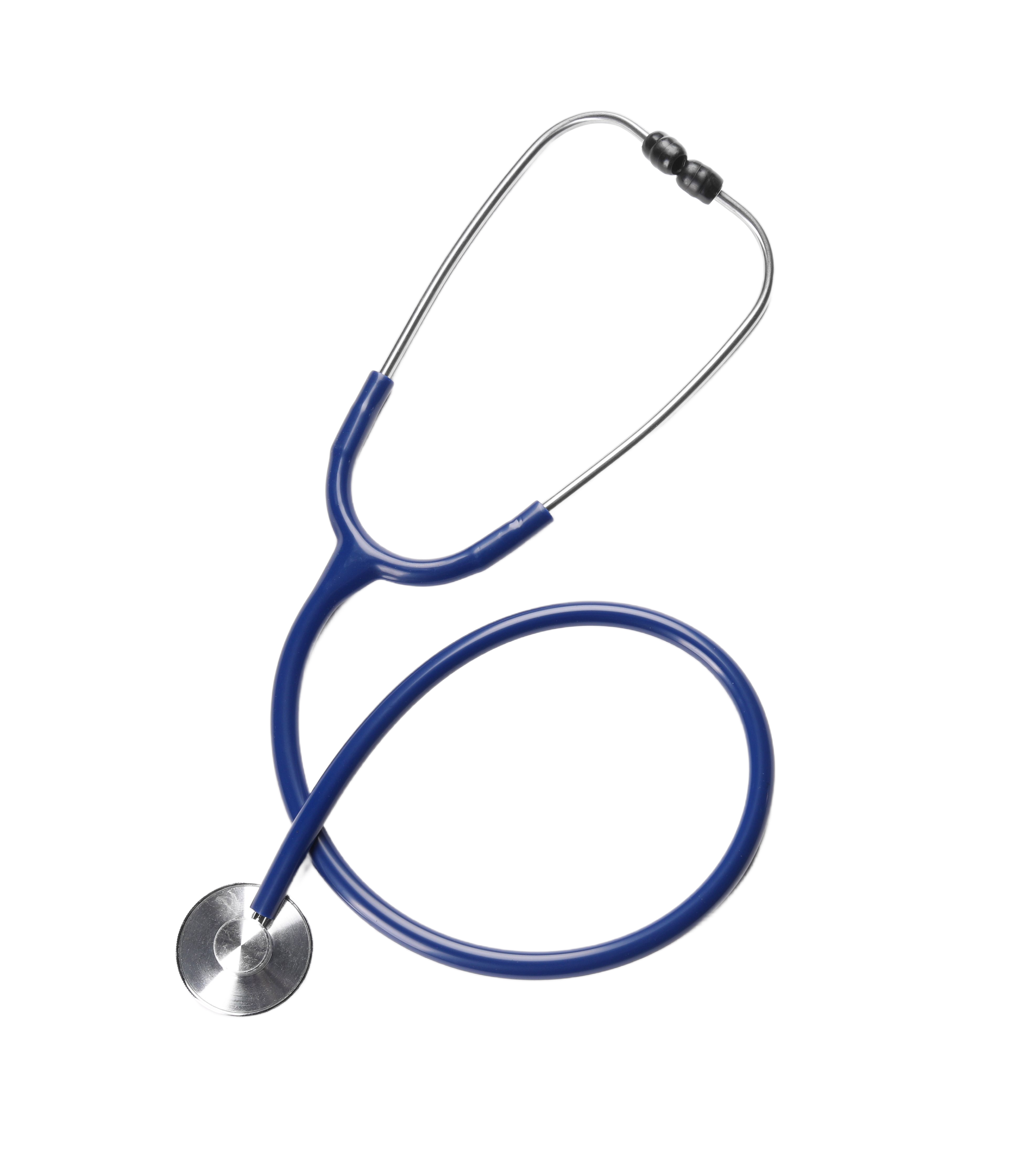 A blue stethoscope with a silver chest piece and black ear tips is coiled on a white background, symbolizing the importance of a cybersecurity risk assessment in protecting sensitive medical data.