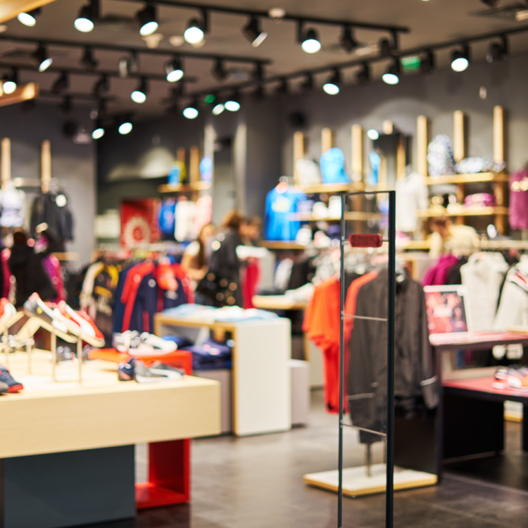 A brightly lit clothing and shoe store interior with racks of colorful clothes, shelves of sneakers, and blurred shoppers browsing in the background.