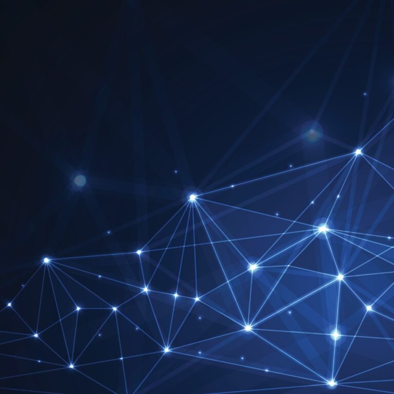 Abstract digital background with glowing blue lines and dots forming a network of interconnected nodes on a dark backdrop, resembling a futuristic technology or data visualization concept.