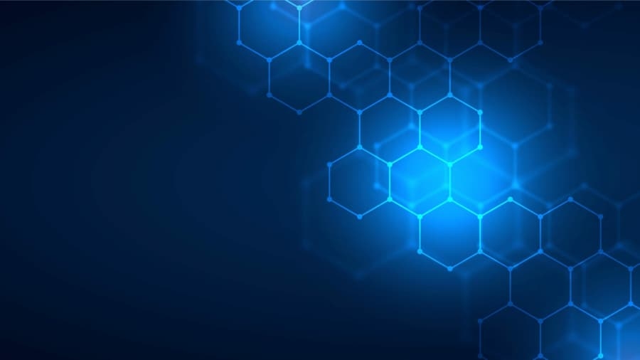 A digital abstract background featuring glowing blue hexagons interconnected on a dark blue gradient backdrop, creating a futuristic and high-tech appearance reminiscent of Microsoft’s innovative visual style.