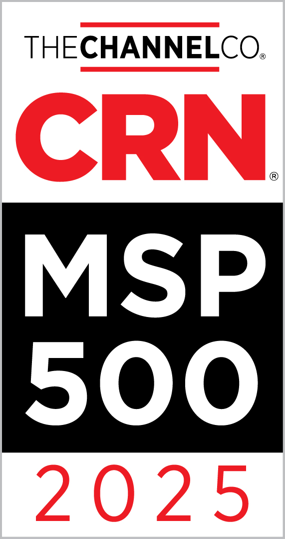 Rectangular badge with “THE CHANNEL CO.” at top, large red “CRN” below, black box with white “MSP 500” text, and red “2025” at the bottom, indicating a 2025 MSP 500 list by CRN and The Channel Company.