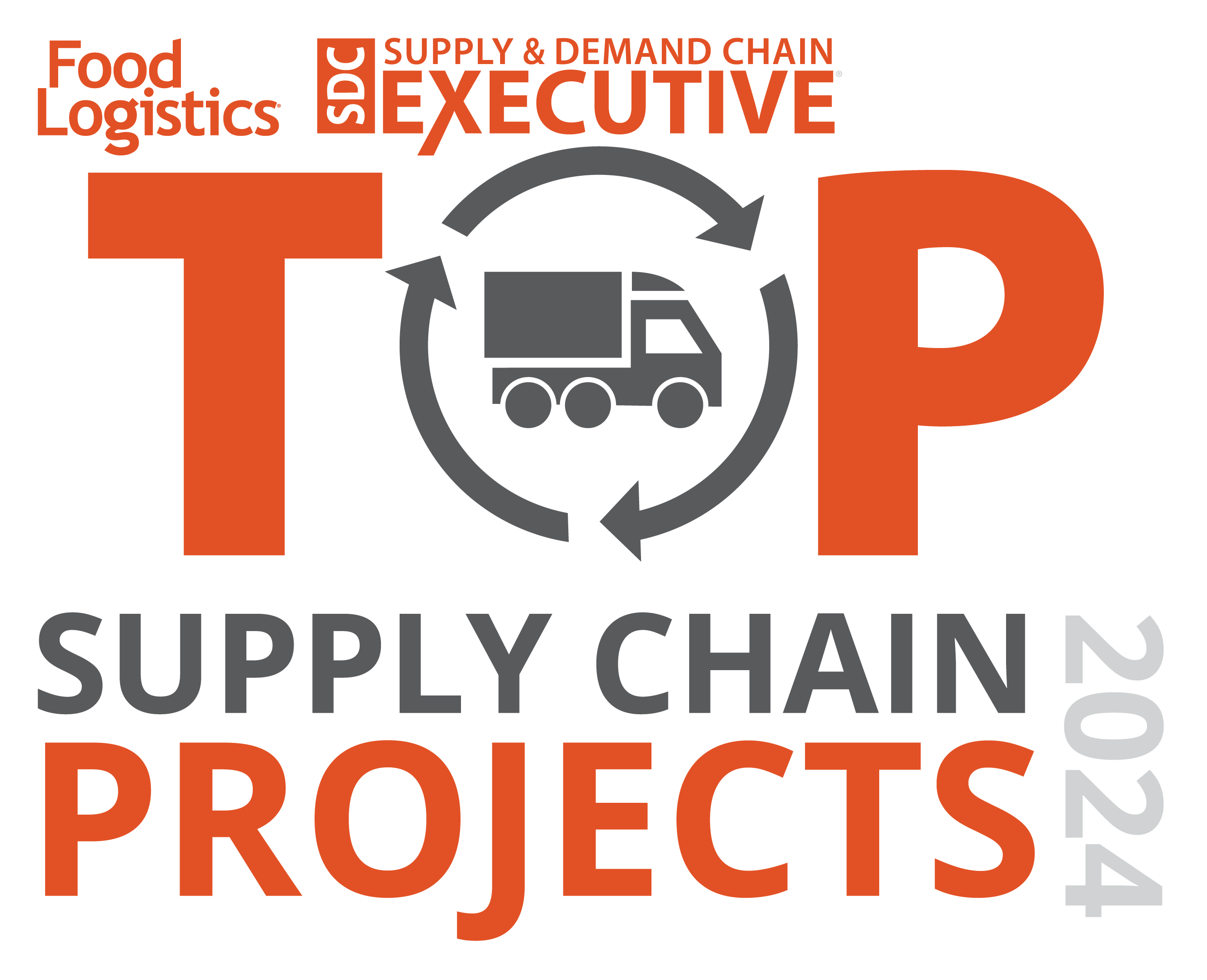 Logo image with the text: Food Logistics, Supply & Demand Chain Executive, and Top Supply Chain Projects 2024 with a truck icon surrounded by arrows in the word TOP.