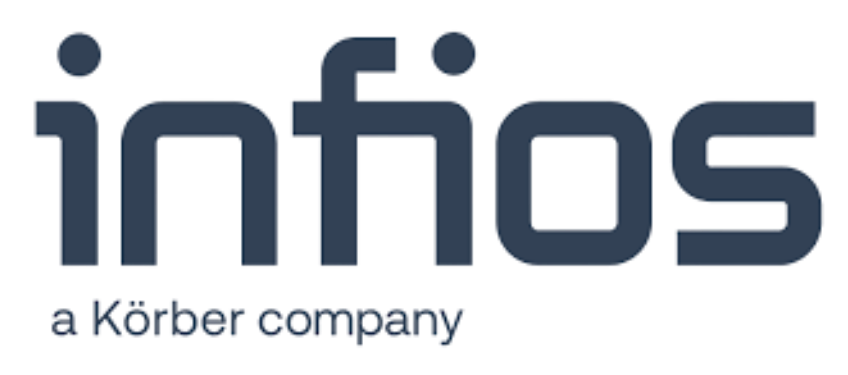 The logo displays the word infios in bold, lowercase blue letters, with the tagline "a Körber company" written below in smaller blue text, reflecting its connection to Körber WMS.