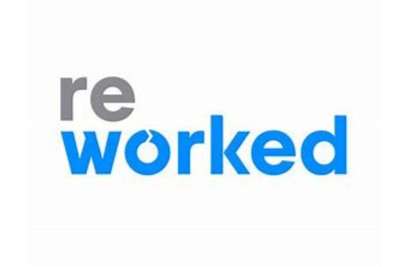 The image features the word reworked with re in gray and worked in blue. The o in worked is stylized with a circular arrow, symbolizing recycling or renewal. The background is white.