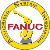 A yellow circular badge featuring a robotic arm illustration in the center, the word FANUC in red text, and the words Authorized System Integrator around the edge—perfect for showcasing expertise in Robotics Integration.