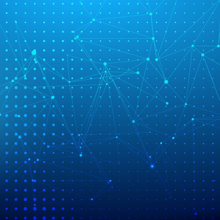 Blue digital abstract background with a gradient, dotted pattern, and interconnected lines and nodes, evoking a technological web inspired by Microsoft’s innovative network solutions.