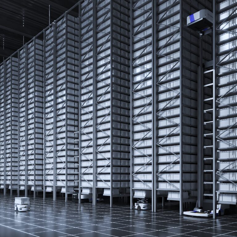 A vast, futuristic warehouse features tall, automated shelving units and several small robots and vertical lifts gliding across the grid-patterned floor, seamlessly organizing and retrieving items for maximum warehouse optimisation.