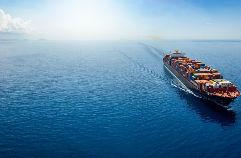 A large cargo ship filled with colorful shipping containers sails across a calm, blue ocean under a bright, clear sky, transporting goods subject to international tariff regulations.