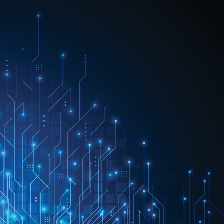 Abstract image of glowing blue circuit lines and dots on a dark background, evoking robotics in automotive manufacturing, with a networked, electronic circuit board feel and a gradient effect fading into black on the right side.