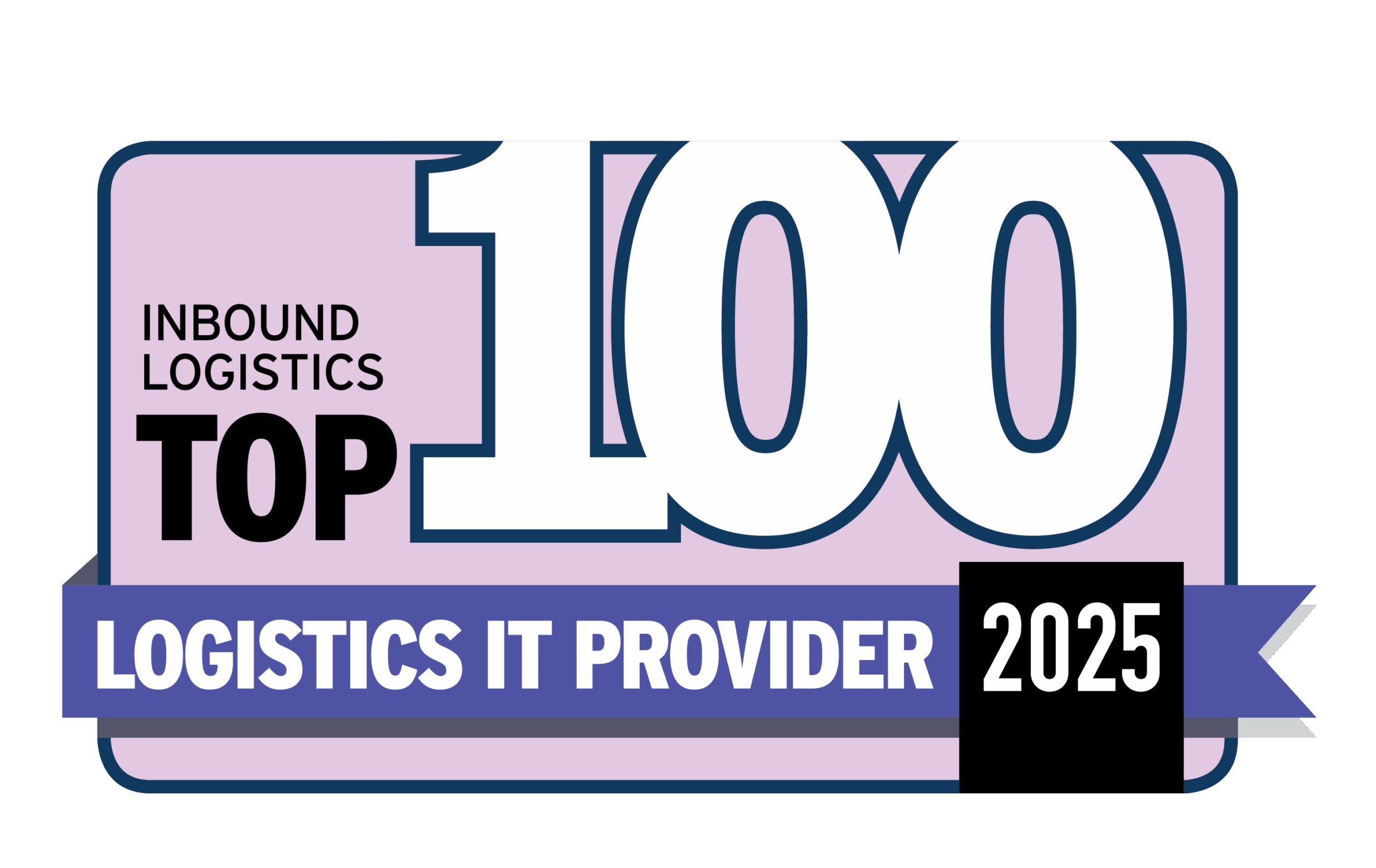 A graphic with Inbound Logistics Top 100 Logistics IT Provider 2025 in bold text on a purple background with a blue border and ribbon design.