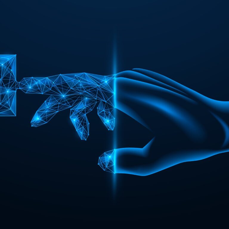 A glowing, digital hand made of blue polygonal lines—symbolizing Autonomous Mobile Robots—reaches out to touch a realistic blue hand, with a puzzle piece at the fingertip, set against a dark background.