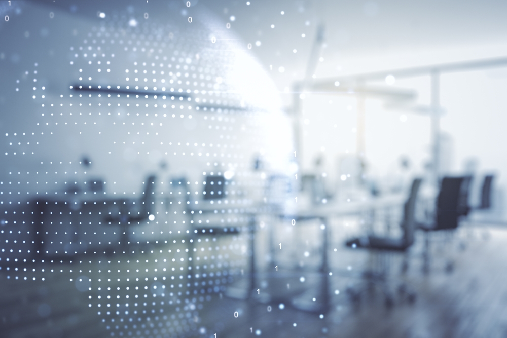 Abstract digital world map made of white dots overlays a blurred modern office with desks and chairs, suggesting global technology or digital business concepts.