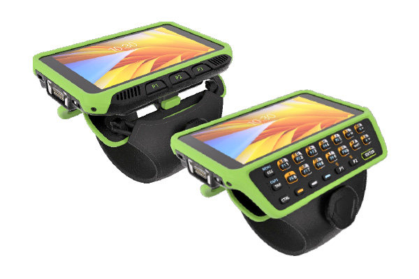 Two green and black wearable devices with touchscreens and wrist straps; one features a keypad with orange and white buttons, both display a yellow-orange abstract pattern on the screens.