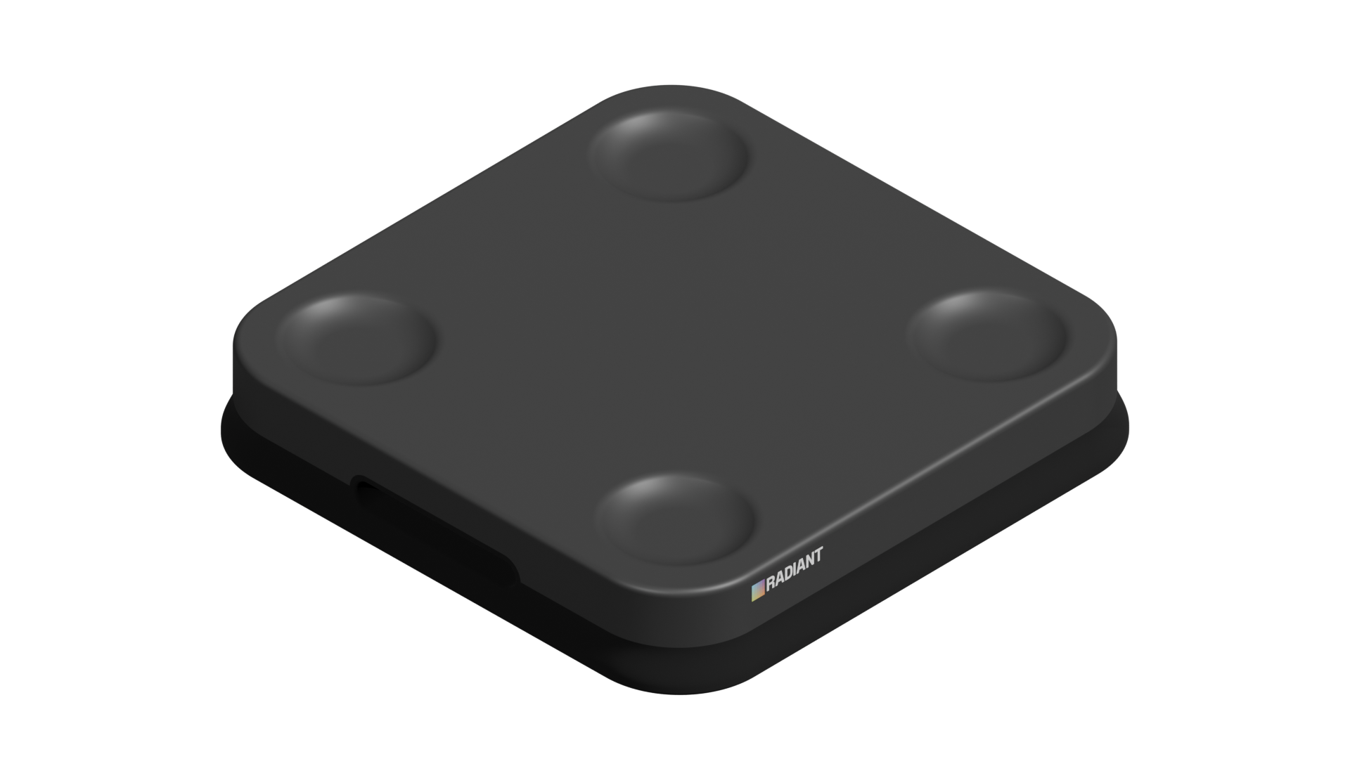 A black, square-shaped electronic device with rounded corners and four raised circular areas on top. The device features the RADIAnt logo and text on one side—ideal for use in a warehouse or Advantage Library setting. The background is white.