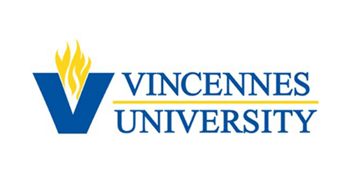 Vincennes University logo featuring a blue V with yellow flames above it, and the words Vincennes University in blue, separated by a yellow line.