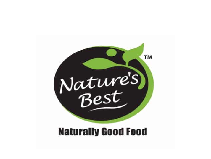 A black oval logo with Natures Best written in white script, surrounded by a green outline and leaf design, above the words Naturally Good Food in bold black text.