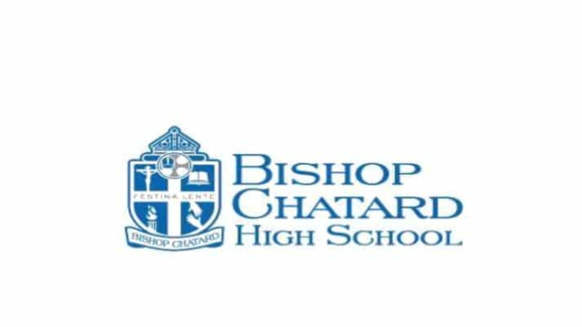The Bishop Chatard High School logo features a blue crest with Latin text and religious symbols next to the schools name in blue capital letters on a white background.
