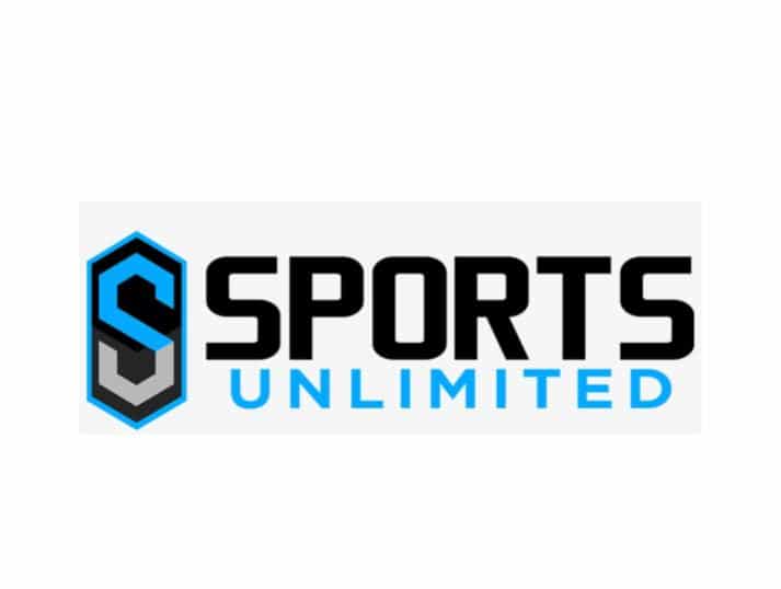 Logo for Sports Unlimited featuring a stylized blue and black S on the left, with SPORTS in bold black uppercase letters and UNLIMITED in light blue uppercase letters underneath.