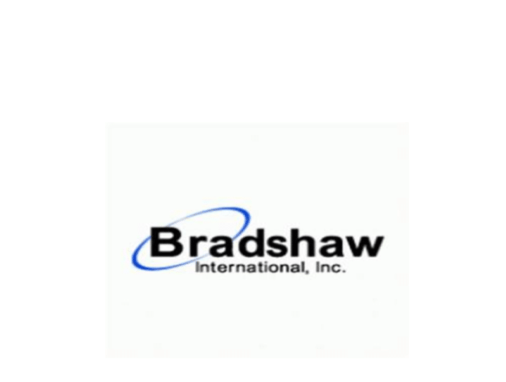 Logo for Bradshaw International, Inc. featuring the word Bradshaw in bold black font with a blue swoosh encircling the letter B and International, Inc. written underneath in smaller text.