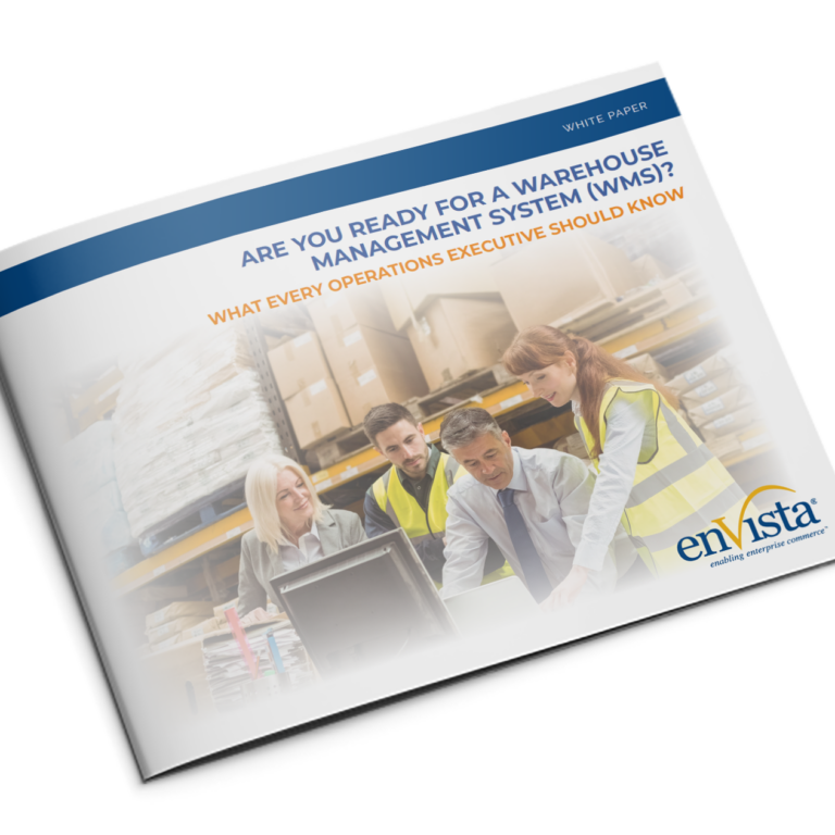 A brochure titled Are You Ready for a Warehouse Management System (WMS)? shows four people in safety vests reviewing documents in a warehouse. The enVista logo is visible in the bottom right corner.