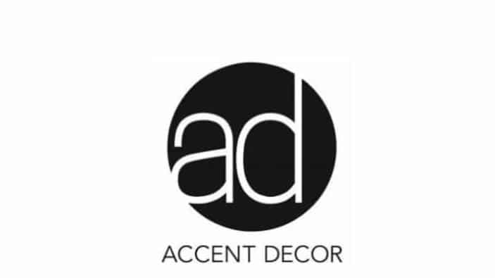 Logo with a black circle containing the lowercase white letters ad. Below the circle are the words ACCENT DECOR in black uppercase letters.
