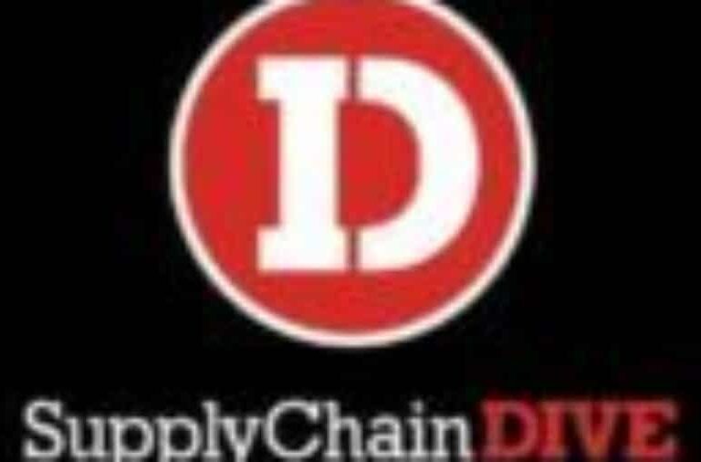 The image shows the Supply Chain Dive logo, featuring a large white letter D inside a red circle, with the words SupplyChainDIVE below in white and red text on a black background.