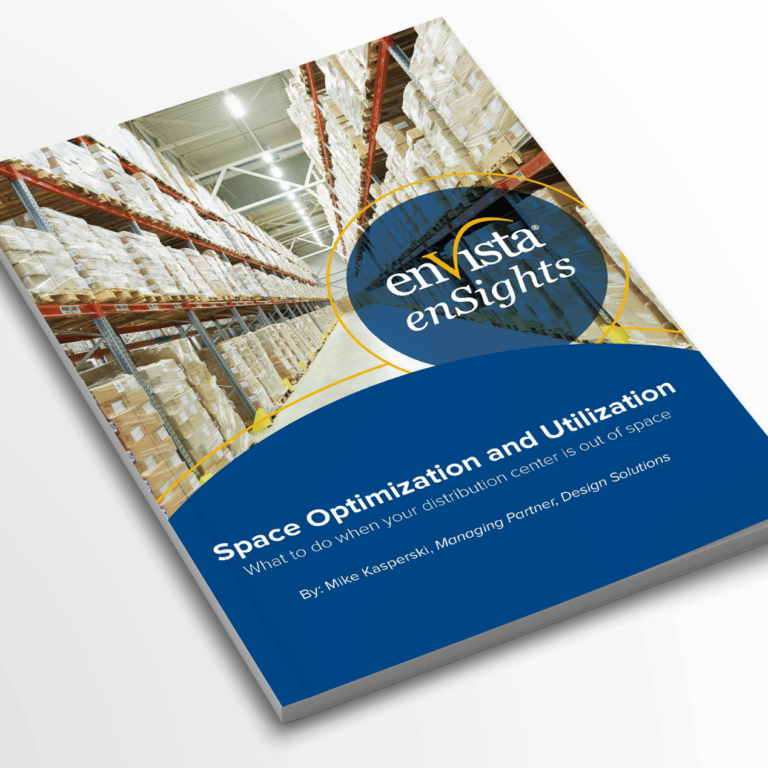 A magazine titled enVista enSights with a cover image of a warehouse filled with stacked pallets. The headline reads Space Optimization and Utilization with a subtitle about distribution center space solutions.