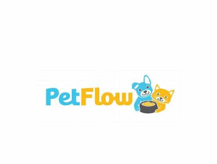 The PetFlow logo features the word PetFlow with Pet in blue and Flow in yellow, alongside a blue dog and yellow cat holding a bowl of pet food together.