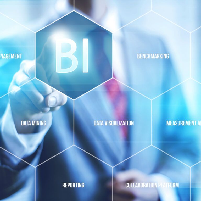 A person in a suit touches a transparent screen displaying hexagons labeled with business intelligence terms like “BI,” “data mining,” “reporting,” and “data visualization.” The background is blurred and professional.