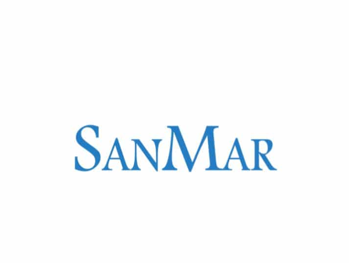 The image shows the word SanMar written in blue, uppercase serif font on a white background.