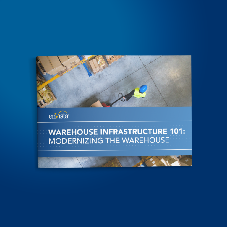 A booklet titled Warehouse Infrastructure 101: Modernizing the Warehouse with an overhead photo of a worker in a blue helmet moving boxes in a warehouse. The background is a gradient blue.