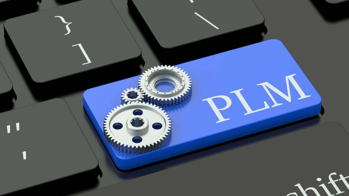 A blue keyboard key labeled PLM with three silver gears overlapping it, surrounded by black keys, symbolizing Product Lifecycle Management and technological integration.