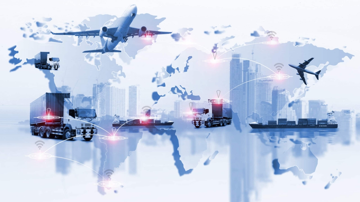 A world map overlaid with images of cargo trucks, ships, and airplanes, connected by digital lines and red location markers, representing global logistics and transportation networks.
