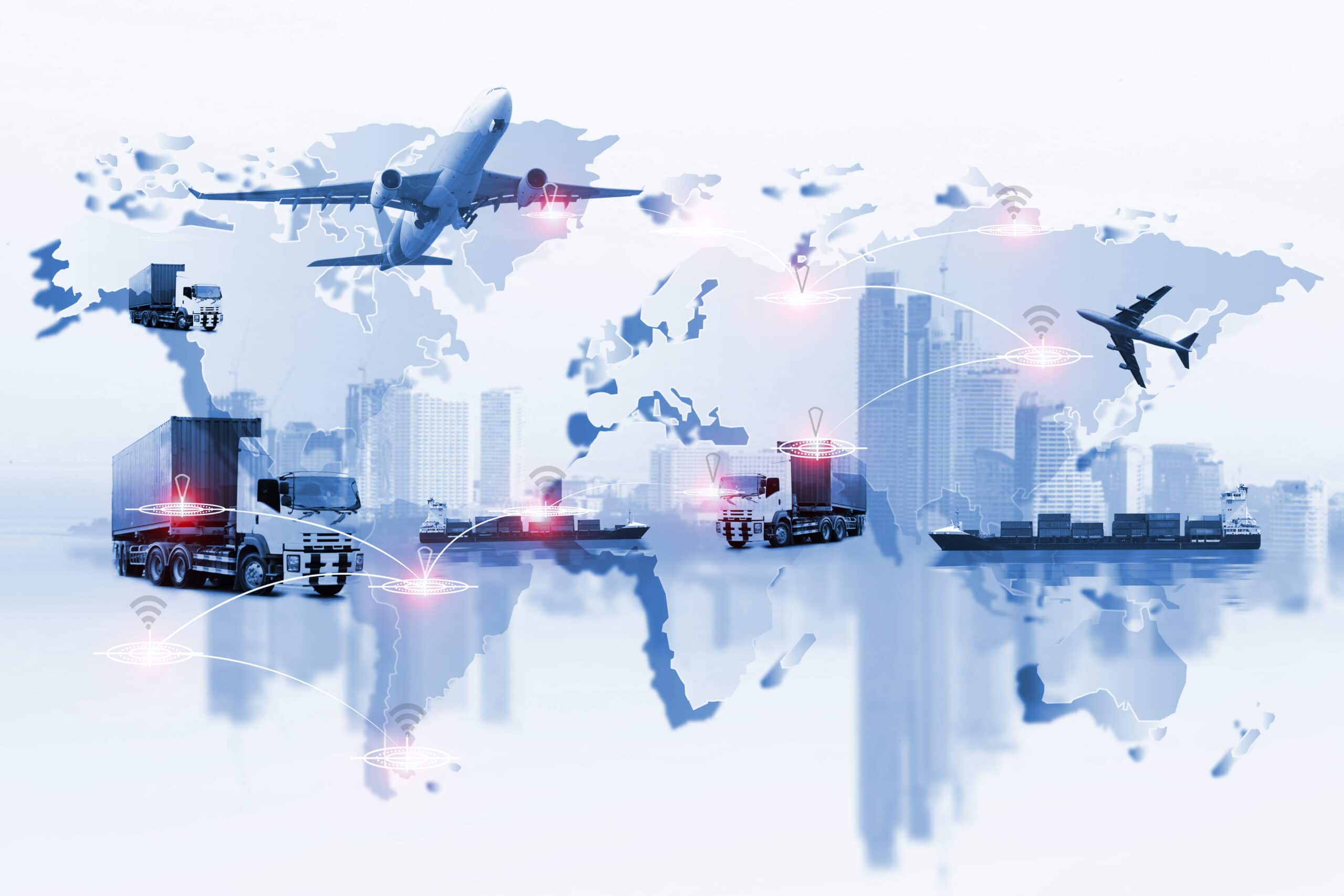 A world map overlaid with images of cargo trucks, ships, and airplanes, connected by digital lines and red location markers, representing global logistics and transportation networks.