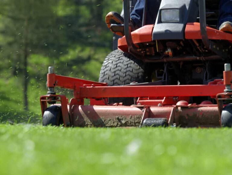 Close-up view of a person riding a red lawn mower, cutting green grass with grass clippings flying, and a blurred, lush background.