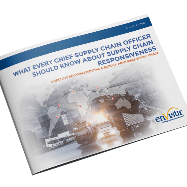 A white paper booklet titled What Every Chief Supply Chain Officer Should Know About Supply Chain Responsiveness with images of ships, trucks, planes, and a world map on the cover.