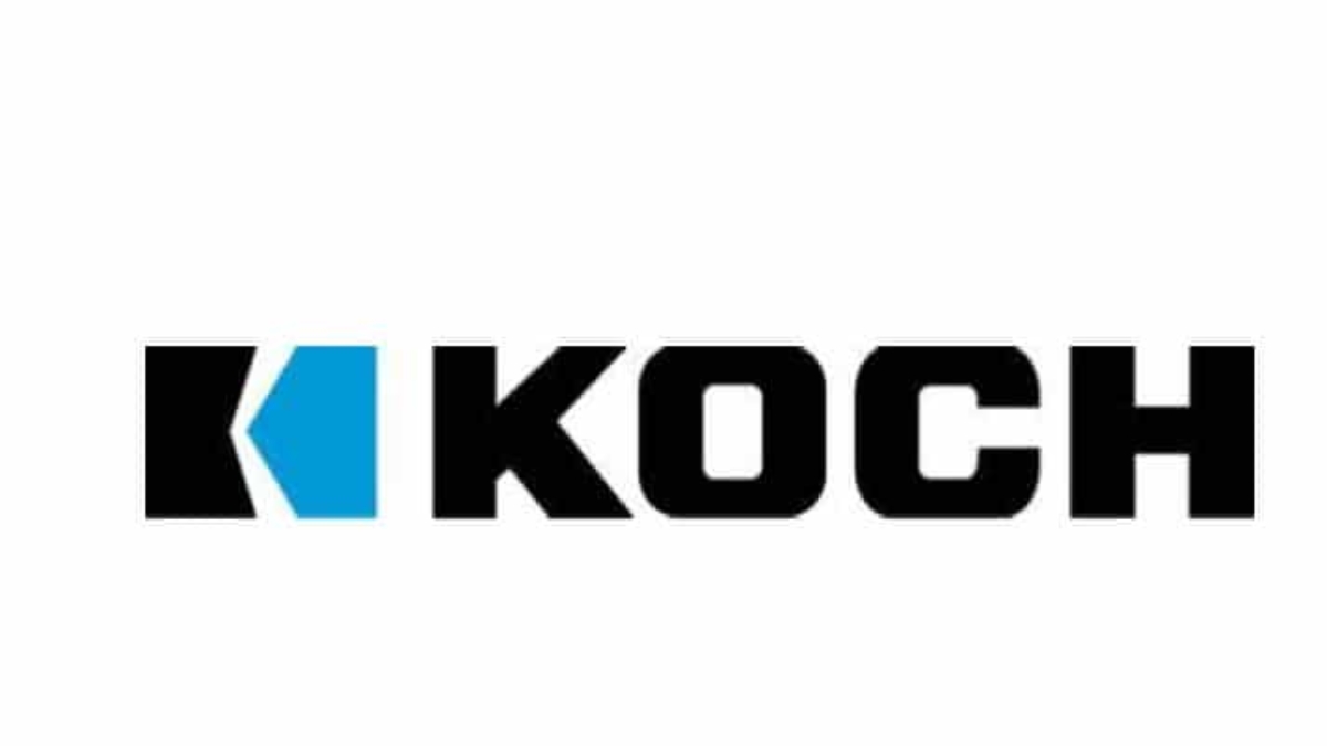 The image shows the word KOCH in bold, black capital letters. To the left of the text is a geometric logo with a black and blue angular design, resembling a stylized letter K. The background is white.