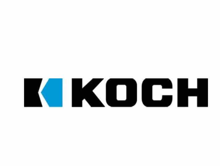 The image shows the word KOCH in bold, black capital letters. To the left of the text is a geometric logo with a black and blue angular design, resembling a stylized letter K. The background is white.