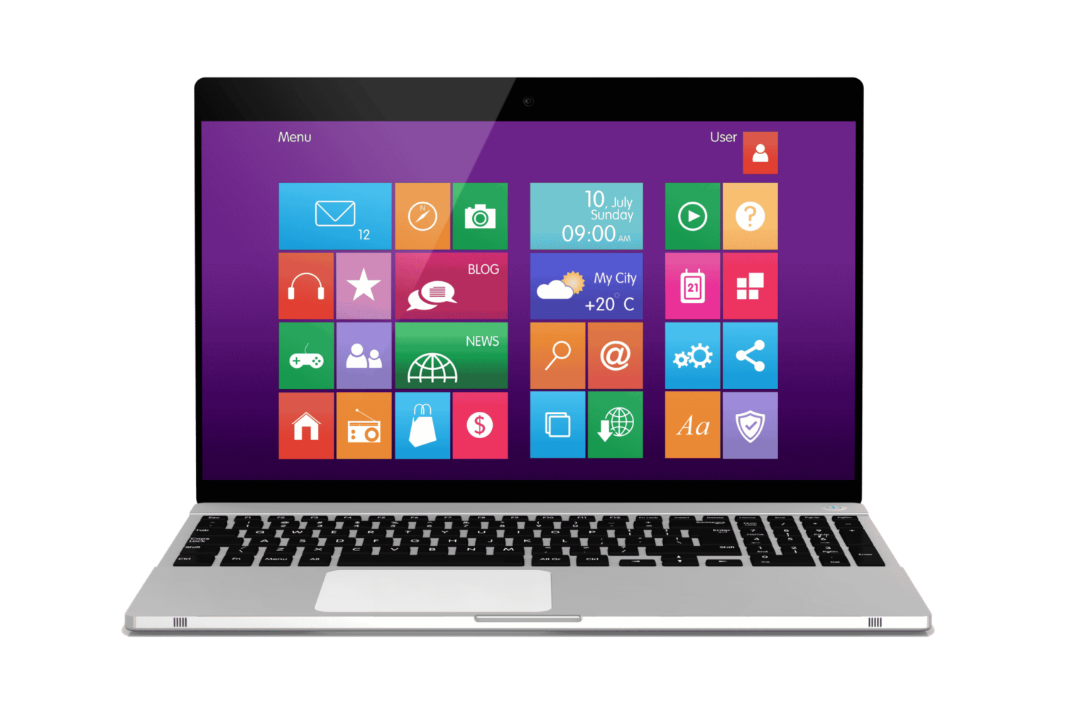 A laptop with a silver keyboard displays a colorful, tile-based interface on its screen, featuring app icons for mail, weather, calendar, news, camera, music, and settings against a purple background.