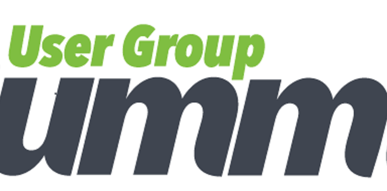 Logo with the words User Group Summit. User Group is in green text above the larger, dark bold word Summit on a white background.