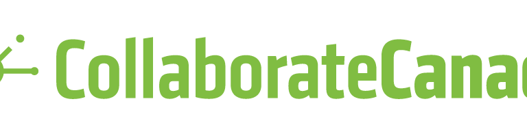 Green text reading CollaborateCanada with a circular network-style logo to the left, featuring three dots connected by lines. The background is light gray.