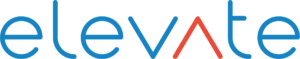 The word elevate in blue lowercase letters, with the letter v stylized in red as an upside-down V.