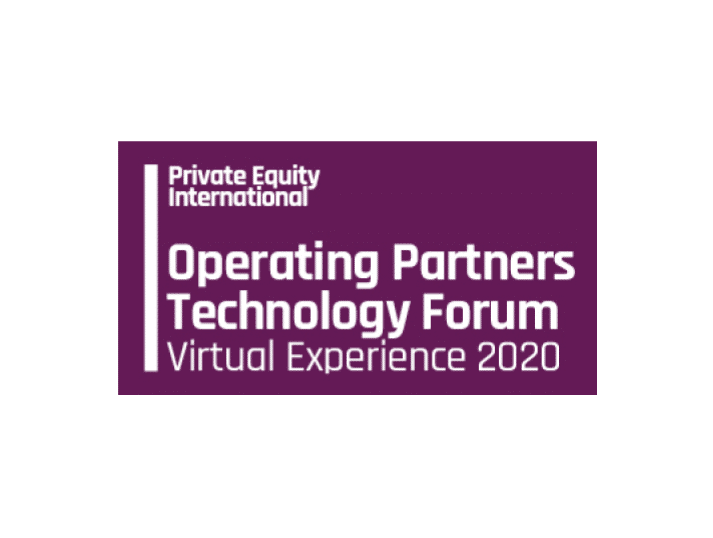 A purple rectangular logo reads: Private Equity International. Operating Partners Technology Forum. Virtual Experience 2020. White text on a purple background.