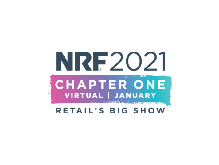 NRF 2021 logo with text: CHAPTER ONE VIRTUAL | JANUARY RETAILS BIG SHOW on a white background with a blue and purple gradient banner.